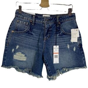 Frayed Mid Rise Midi Denim Jean Shorts Distressed Ripped Raw Hem Blue Wash 26